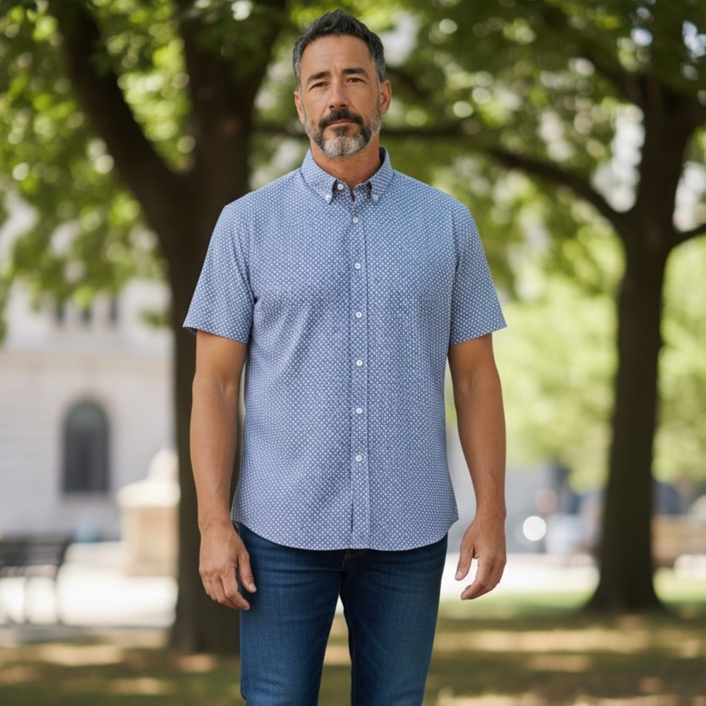 Mizzen+Main Light Blue Short-Sleeve Button-Down with Micro Dot Print